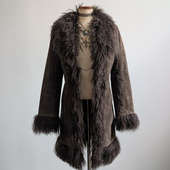 Vintage Brown Suede Penny Lane Jacket Fur Shag Leather Groovy Trench Coat Medium - Picture 8 of 14